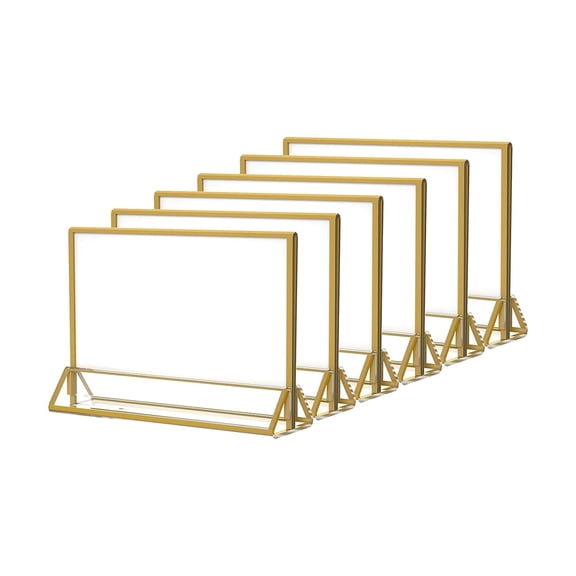 6Pack 6 x 4 Horizontal Clear Acrylic Sign Holder with Gold Borders, Double Sided Table Menu Stands Picture Frames for Wedding Table Numbers, Restaurant Signs, Photos and Art Display