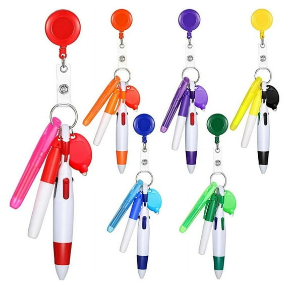 6Pack Badge Reel Pen Retractable Pens Clip with Mini Highlighter Nurse Pens Neon Marker Pen LED Keychain Key Ring