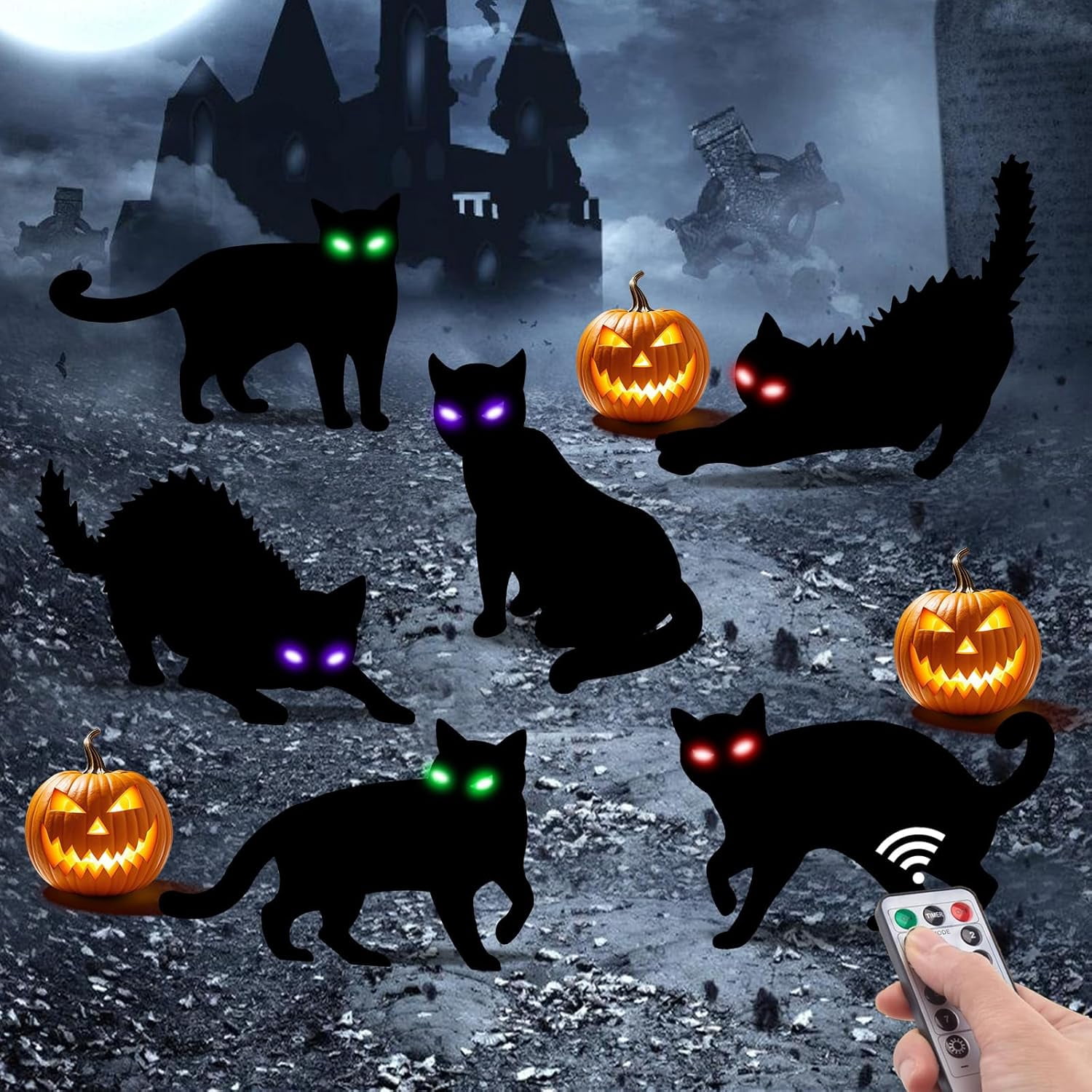 6Pack Black Cat Halloween Decorations Outdoor with LED Glowing Eyes