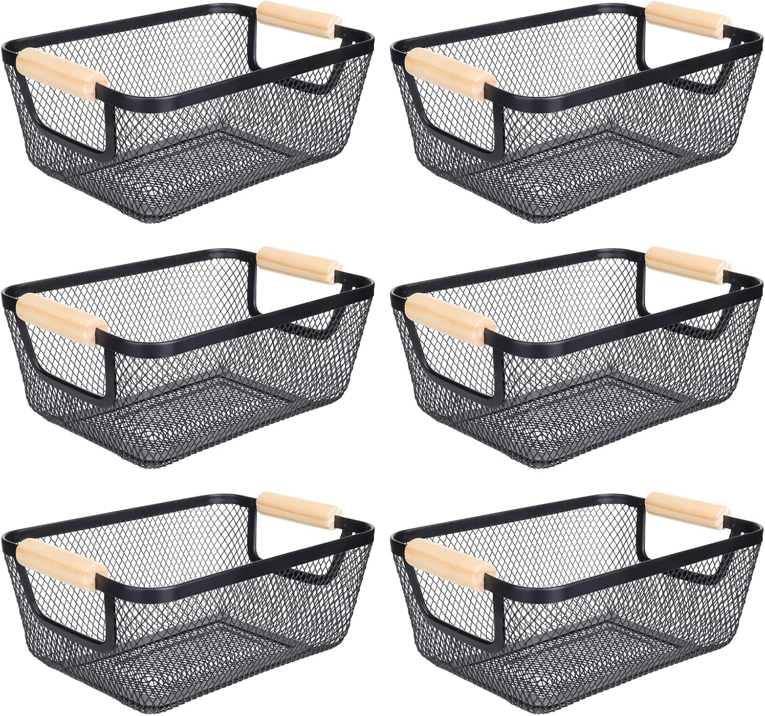 6Pack Black Wire Basket with Wooden Handle, Storage Bins for Pantry, Metal Mesh Basket for Kitchen Organization, Snack Organizer for Home Cabinet Closet Bathroom Fridge Fruit Makeup and Office