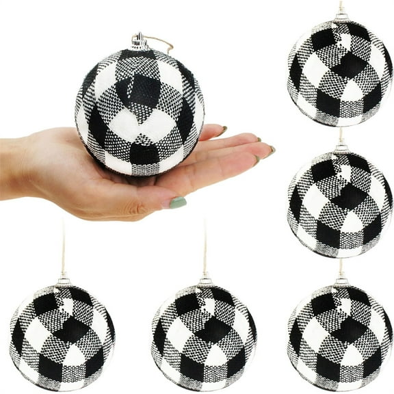 6Pack Buffalo Plaid Fabric Wrapped Ball,Black and White Christmas Ball Hanging Ornament Set,Party Decorative Pendant,Christmas Tree Garland Decorations,for Home Holiday Decor