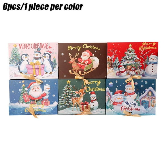 6Pack Christmas Boxes for Gifts with Lids,Christmas Kraft Paper Gift Box Snowman Santa Claus Penguin Elk Box with Gold Ribbon for Christma Party Present Packaging