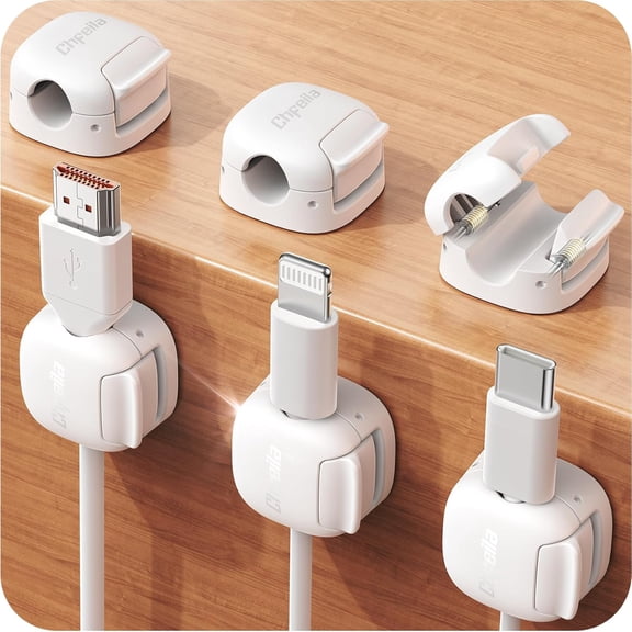 6Pack Cord Organizer, Compact Dual Spring & Clasp Lock Cable Management Clips, Adhesive Phone Charger Keeper, Wire Holder for Nightstand/Wall/Car, Home Office Desk Accessories Decor Essentials