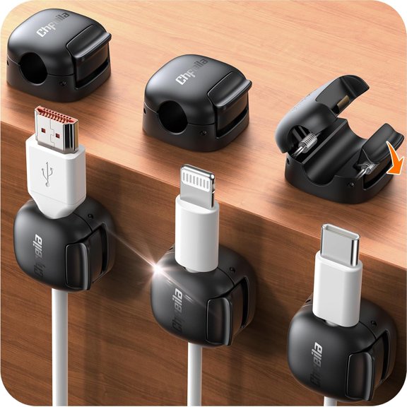 6Pack Cord Organizer - [Dual Spring & Clasp Lock] Cable Management Clips, Adhesive Phone Charger Keeper, Compact Wire Holder for Nightstand/Car, Home Office Desk Accessories Decor Essentials