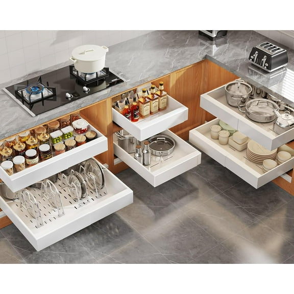 6Pack Expandable Pull Out Cabinet Organizer 21"Deep With Raising Pad for Framed Cabinets,Slide Out Drawers with 4pcs Divider Racks,Roll Out Shelves Adhesive,Adjustable Width 12.05"-20.4"White