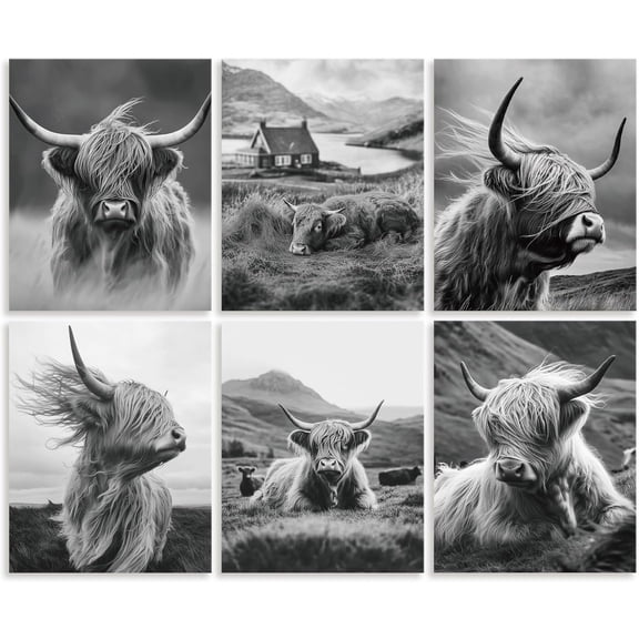 6Pack Farmhouse Highland Cow Animal Unframed Waterproof Canvas Wall Art Decor 8"x 10" Black and White Modern Western Rustic Canvas Wall Poster