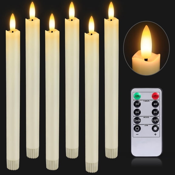 6Pack Flameless Taper Candles with Remote Timer, 9.3'' LED Fake Electric Candlesticks,Battery Operated Dripless 3D Flickering Flame Window Candles,Ivory