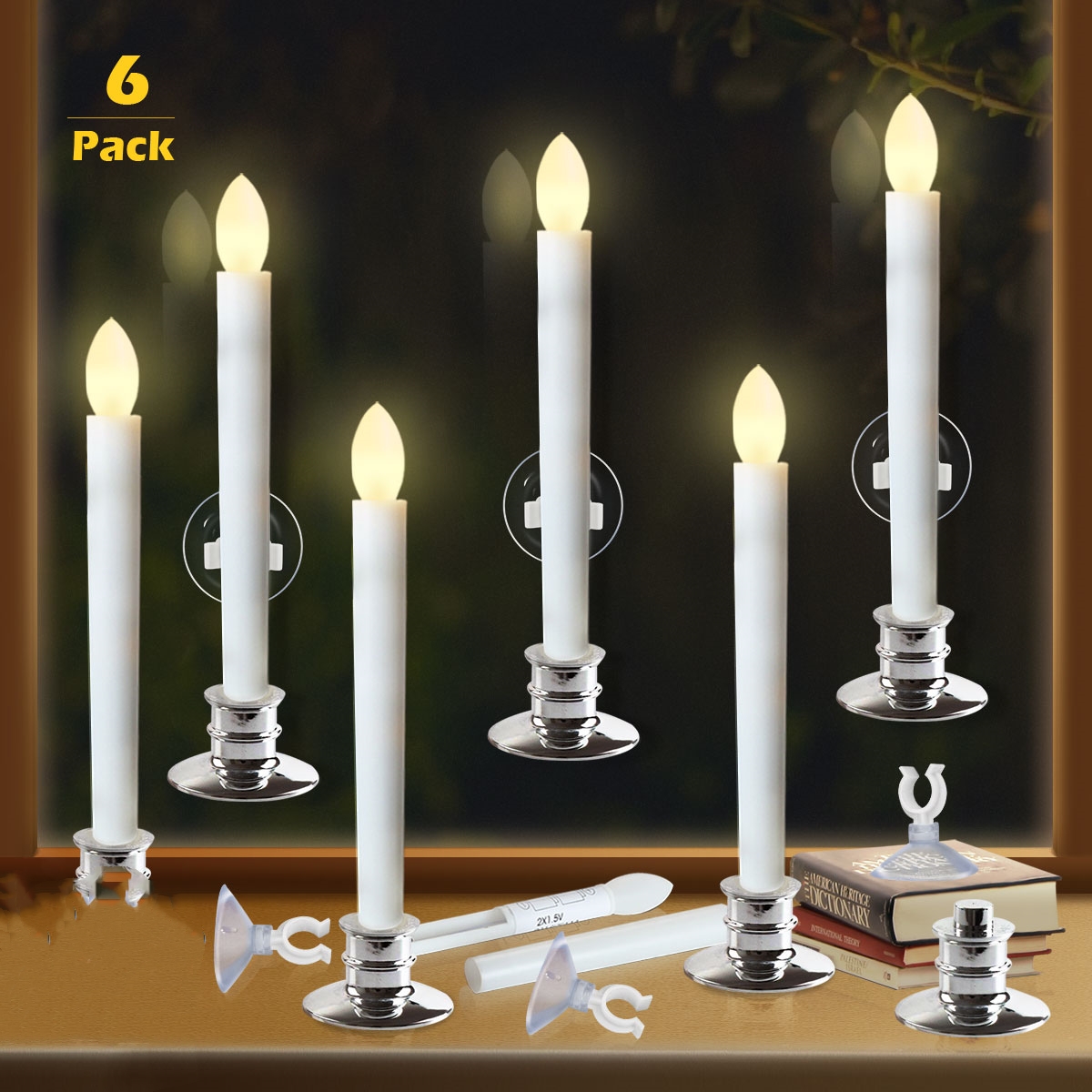 6Pack Flameless Taper Candles with Gold Base, Battery Operated LED