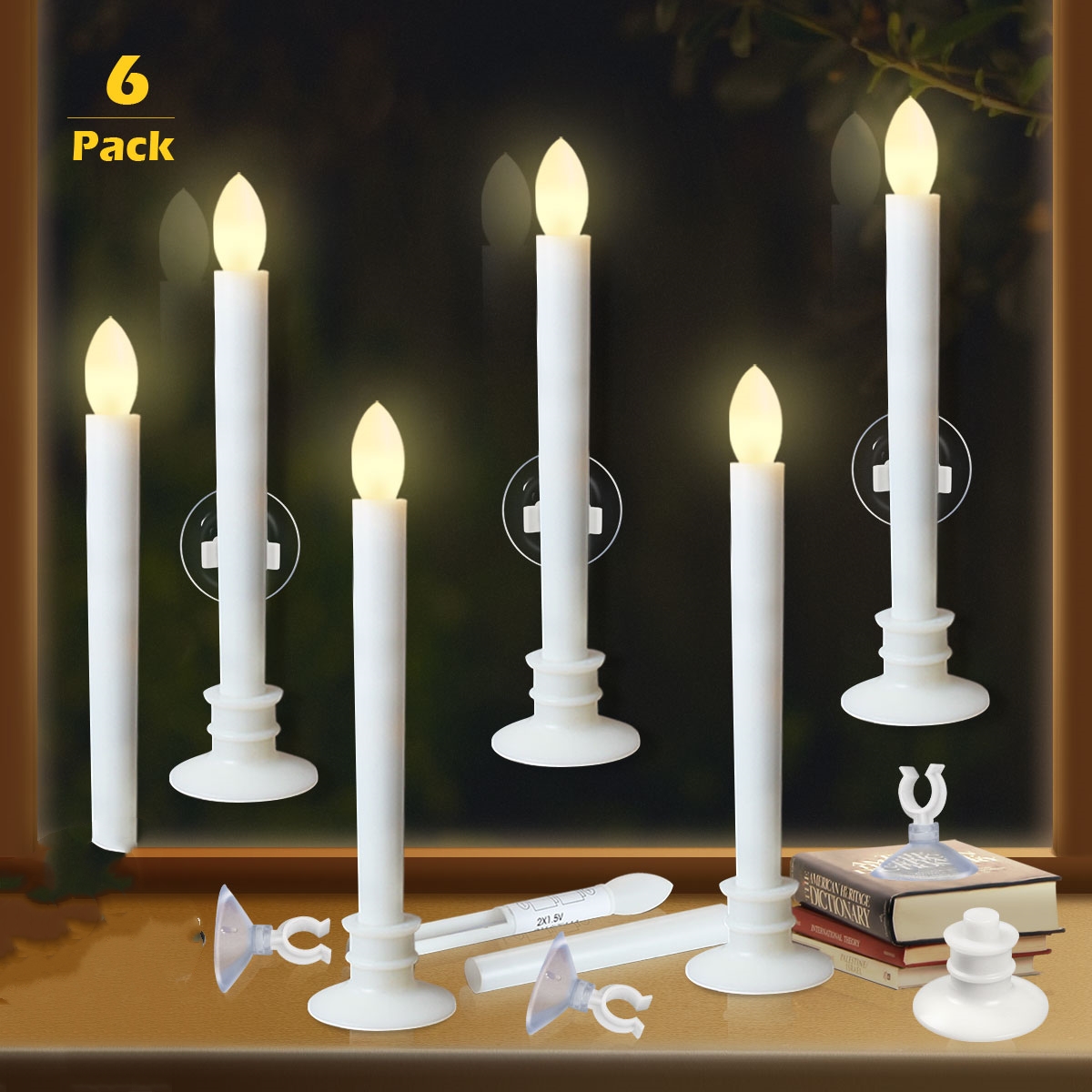6Pack Flameless Taper Candles with Gold Base, Battery Operated LED