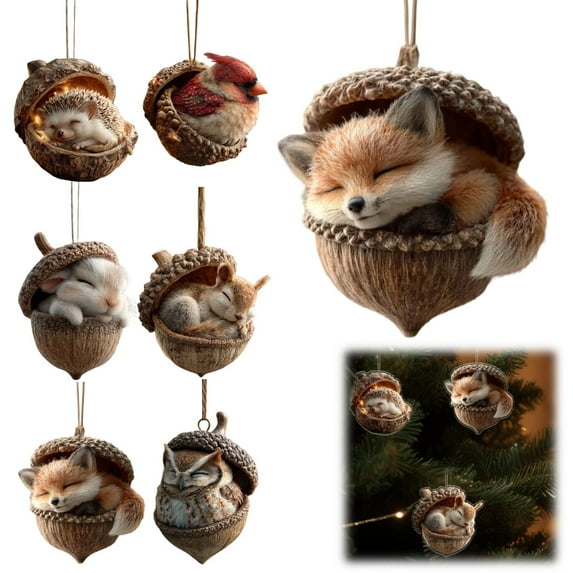 6Pack Forest Animal Acorn Ornaments – Cozy Forest Christmas Ornaments, 2025 New Pine Cone Decoration, Woodland Creature Figurine, 2D Acrylic Hanging Ornament Home Party Décor