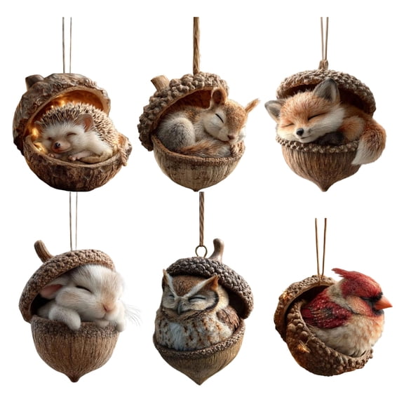 6Pack Forest Animal Acorn Ornaments, Cozy Woodland Christmas Tree Decorations, 6PCS Acrylic Rustic Animal Figurines Inside Acorns for Holiday, Winter, and Home Décor