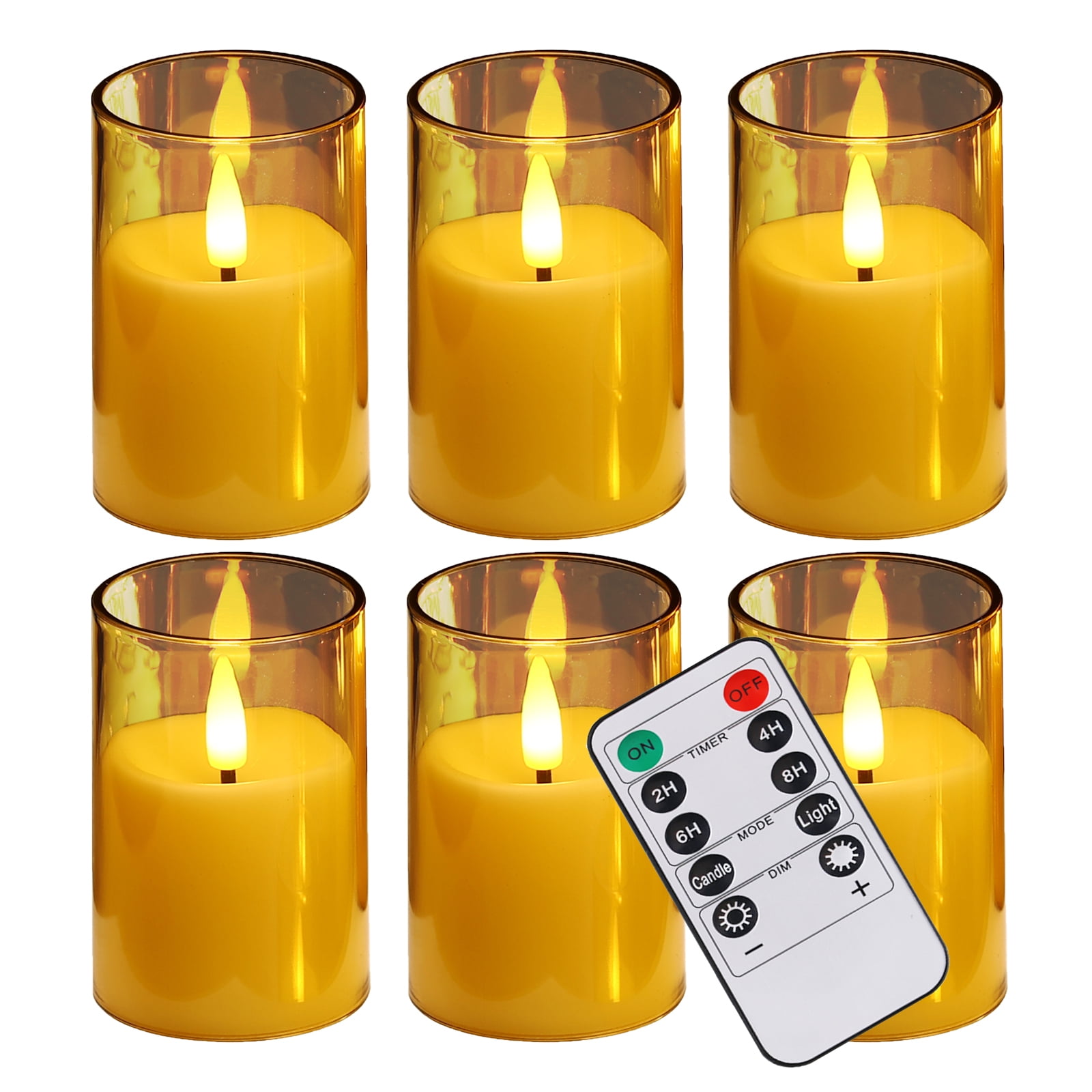 6Pack Glass Flickering Flameless Candles with Remote, 2"X3" Real Wax Votive Candles Battery Operated, Small Electric LED Candles for Wedding Home Decor, w/4 Timers+2 Lighting Modes [Gold]