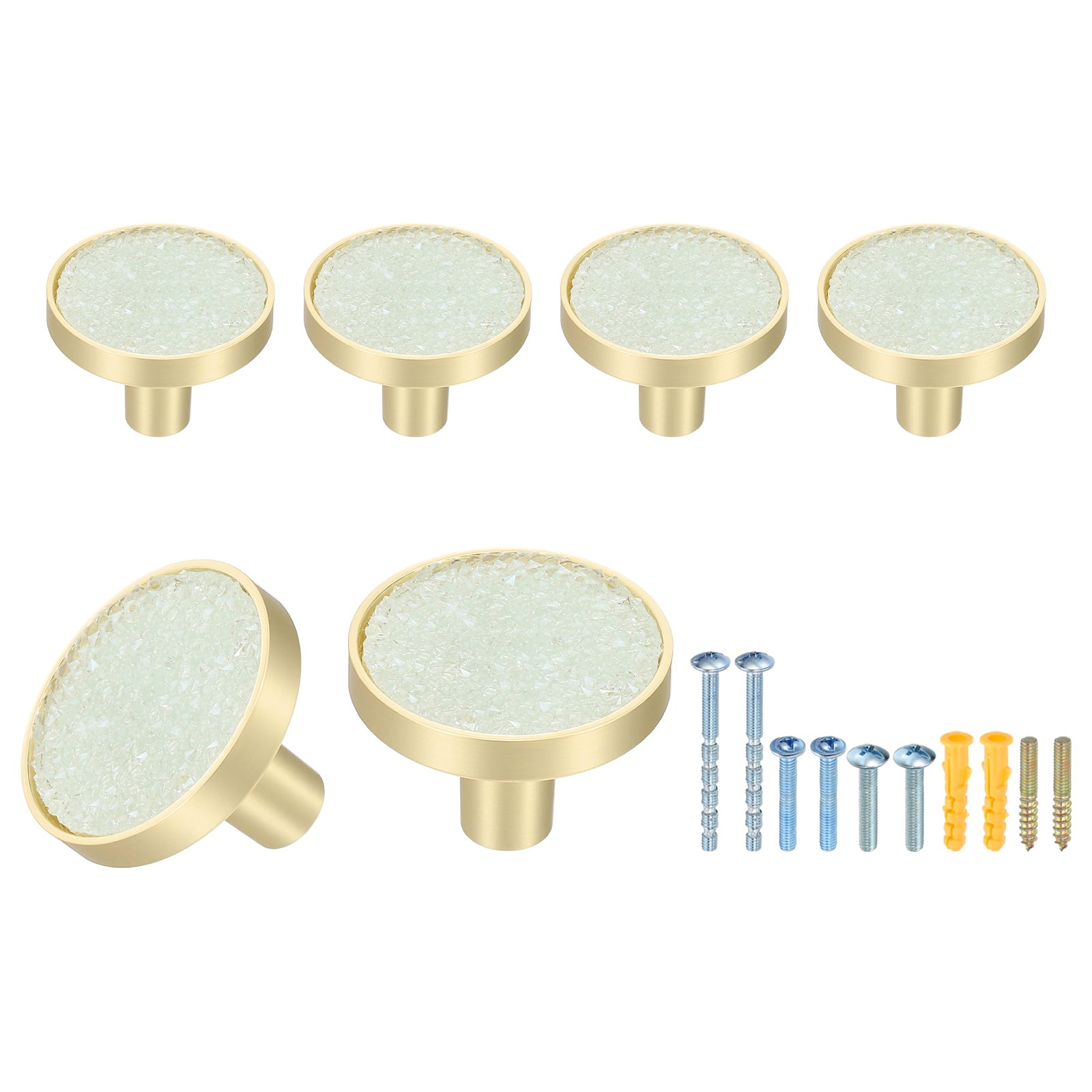 6Pack Gold Cabinet Knobs 1-1/4" Round Knobs Cabinet Handles, Diamond Light Blue