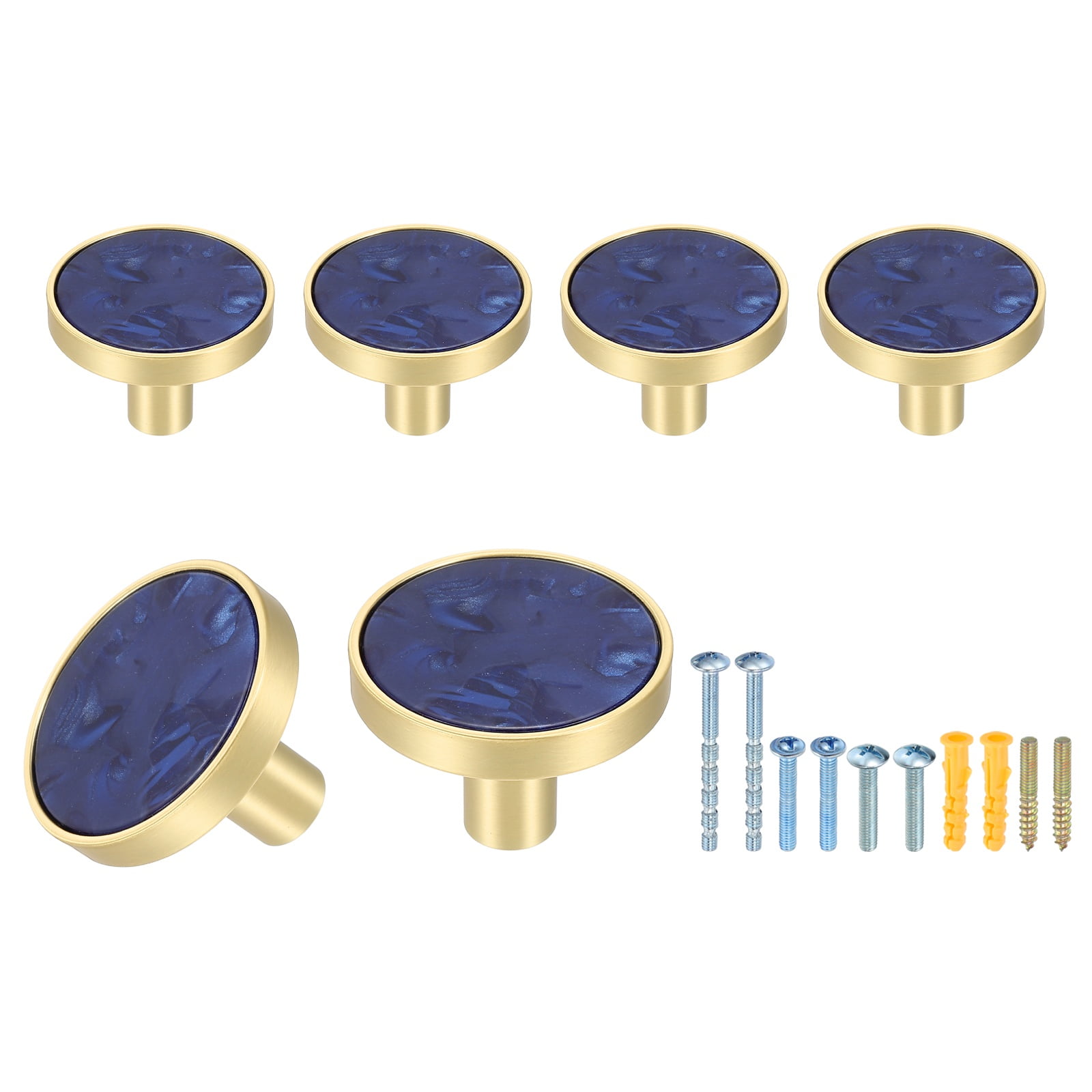 6Pack Gold Cabinet Knobs 1-1/4" Round Knobs Cabinet Handles, Sapphire Blue