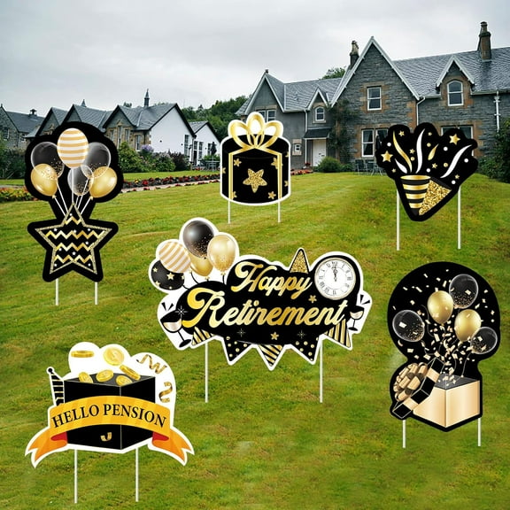 6Pack Happy Retirement Yard Signs Signs Black Gold Retirement Lawn Sign for Retirees Outdoor Retirement Lawn Decorations Sign Retirement Party Decoration Home Garden Lawn Yard Décor