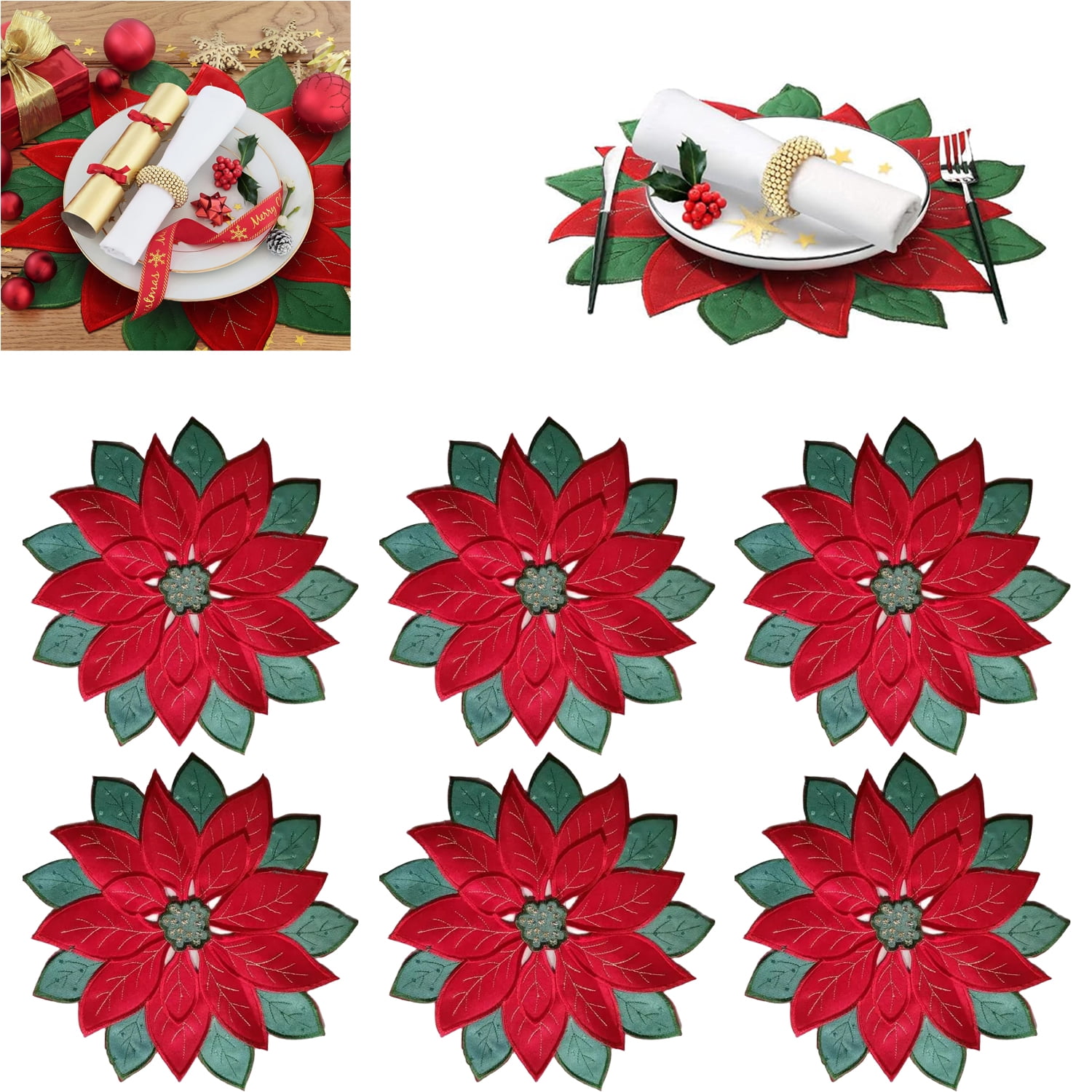 6Pack Holiday Christmas Embroidered Placemats Double Layer Placemats