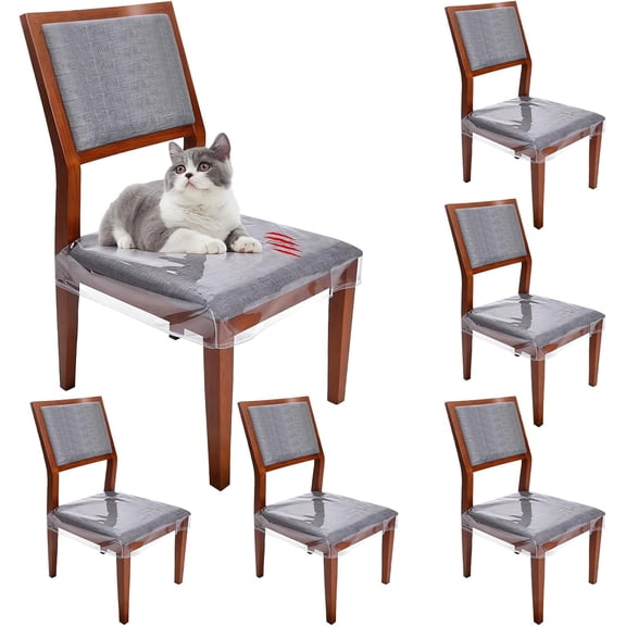 6Pack Large Chair Covers for Dining Chairs,Clear PVC Kitchen Chair Seat Protectors with Adjustable Belt Strap, Waterproof Scratch Resistant Reusable Seat Covers for Pet Fits 18-21 Inch Chairs