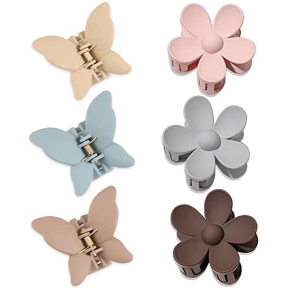 6Pack Medium Hair Claw Clips, 3 Inch Nonslip Butterfly and Flower Matte Strong Hold Clamps for Women Girls Long Thick Thin Curly Hair