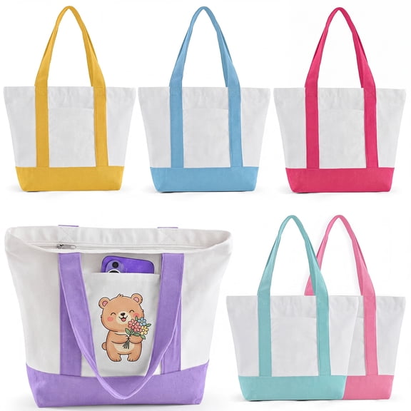 OLSUNOR 6Pack Mini Canvas Tote Bag with Pockets, 12oz Cotton Small Tote Bag with Zipper Reusable Grocery Shopping Bags for DIY