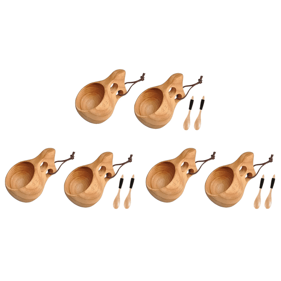 6Pack Nordic Style Wooden Cup Kuksa Cup Portable Outdoor Camping Drinking Mug Wooden Coffee Cup with Wooden Spoon,6 x cups 6 x spoons,Wood Color