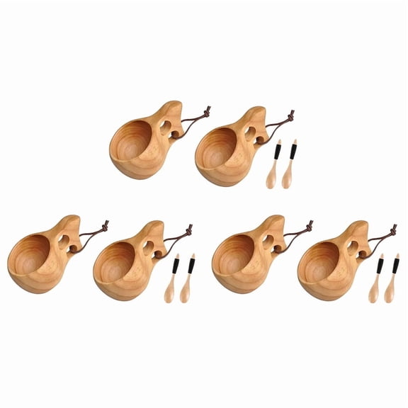 6Pack Nordic Style Wooden Cup Kuksa Cup Portable Outdoor Camping Drinking Mug Wooden Coffee Cup with Wooden Spoon