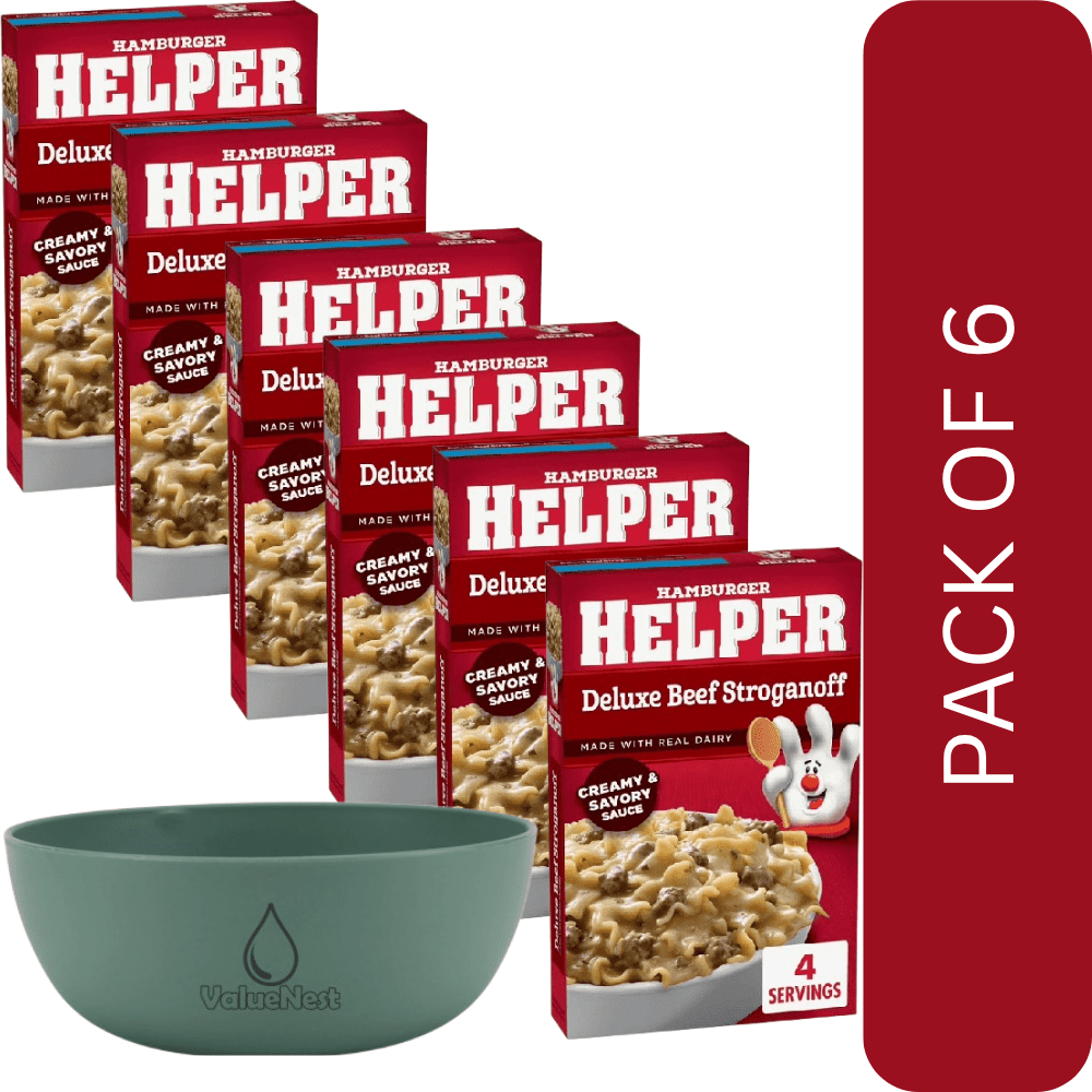 6Pack Of Hamburger Helper Deluxe Beef Stroganoff Pasta Meal Kit, 5.5 oz – Creamy Pasta Dinner Made Easy,,With Olive Green Bowl By ValueNest