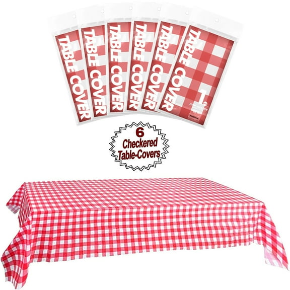6Pack Plastic Checkered Tablecloth, 31.5x55.1 in Red and White Picnic Disposable Table Cover Rectangular Gingham Tablecover for Birthdays, Carnivals, Parties