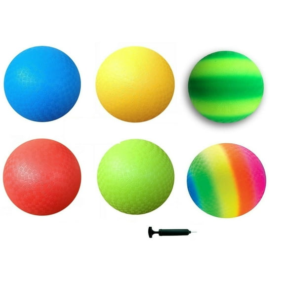 6-Pack Kickball Set - Playground Balls dodgeballs Red, Blue, Green, Yellow and Rainbow and Green Stripe!