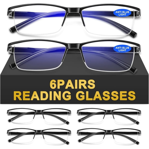 6Pack Reading Glasses Men, Spring Hinge Blue Light Blocking Readers, Lightweight TR90 Computer Magnifying Eyeglasses
