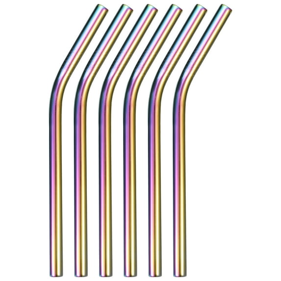 6Pack Reusable Metal Straws, 9.5" Stainless Steel Drinking Straw (0.5" Wide, Bent, Colorful)