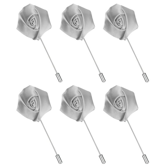 6Pack Rose Lapel Pin for Men, Satin Flower Lapel Pins, Silver Gray