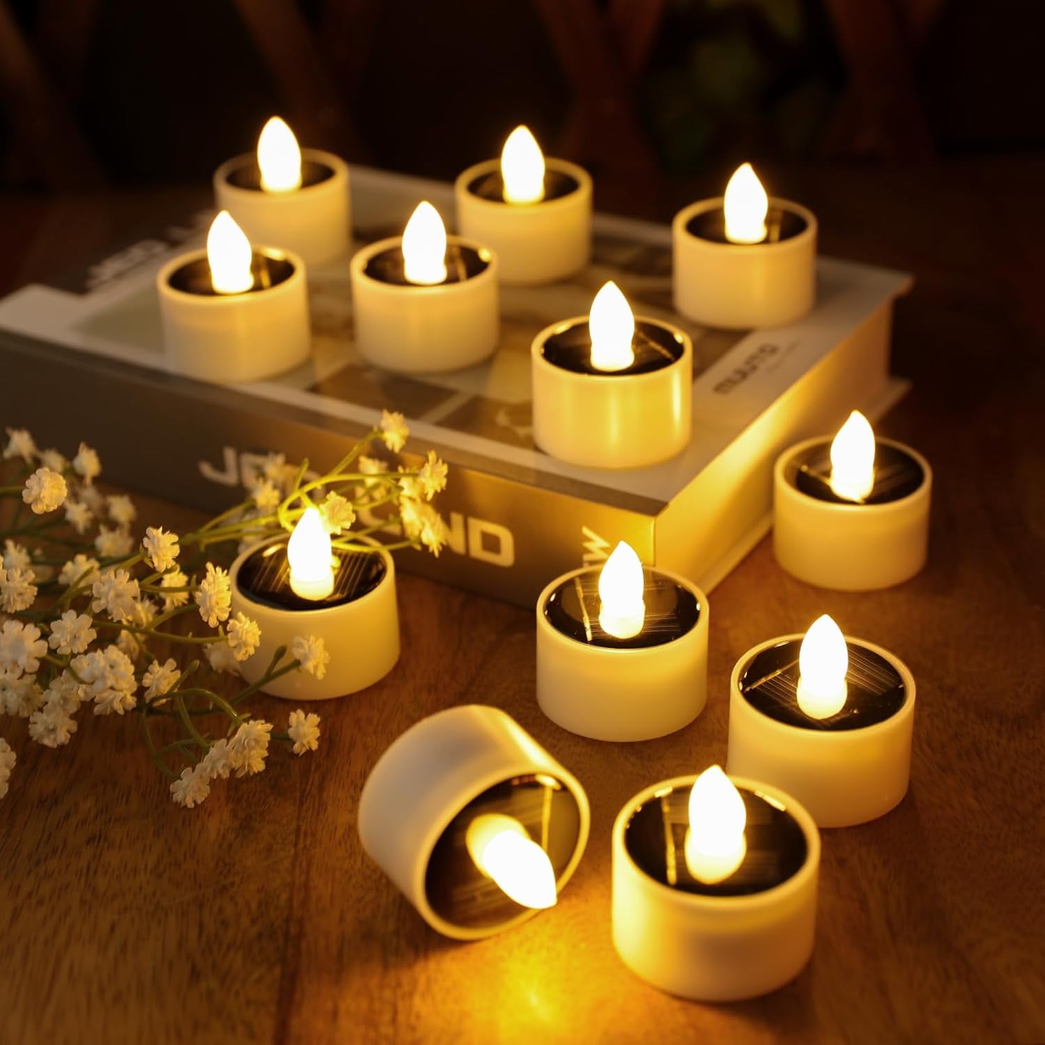 6Pack Solar Tea Lights Outdoor Waterproof, Small Solar Lights with Rechargeable Dusk to Dawn Sensor, Flameless Flickering LED Votive Candles for Lantern Window DIY Patio Chandelier Decor(Warm White)
