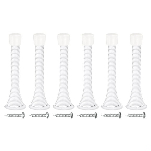 6Pack Spring Door Stopper, 3-1/8" Flexible Door Stop with Rubber Bumper & Screws (Steel, White)