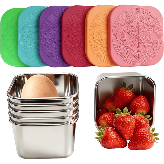 6Pack Stainless Steel Snack Containers for Kids, 6oz Easy Open Sauce Leak Proof Small Food Storage Container with Silicone Lids, Stackable Metal Toddler Lunch Box for Daycare, School and Travel