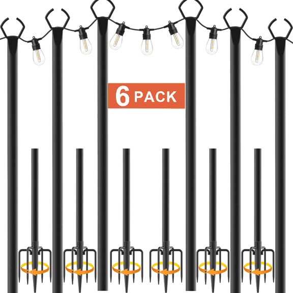 6Pack String Light Poles with Fence Brackets _10Ft Heavy Duty Metal Stand for Outdoor String Lights, Freestanding or Mounted on Fence/Deck/Patio, Easy Assembly Garden Backyard Lighting Poles