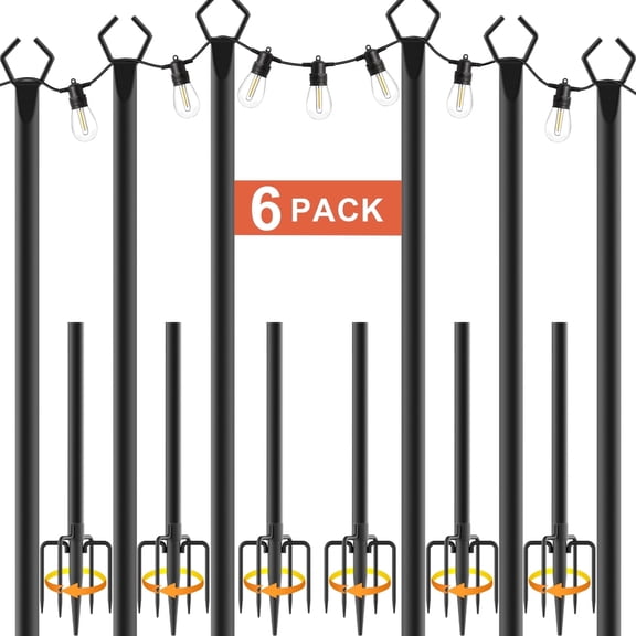 6Pack String Light Poles, Outdoor String Light Pole 10 ft Forked Metal Light Pole with Adjustable Outdoor Light Stand, Deck, Backyard, Garden, Wedding, Rustproof and Sturdy with Hooks