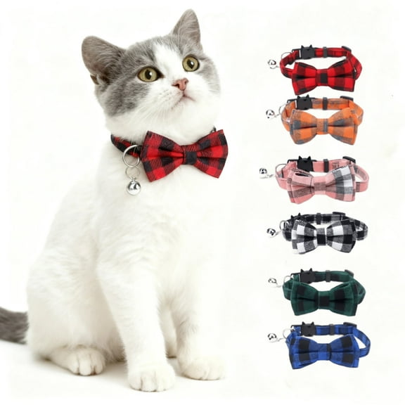 6Pack Super Buddy Cat Collars Breakaway with Cute Bow Bell - Kitten Collar Plaid Cat Collar with Removable Bowtie Cat Collar