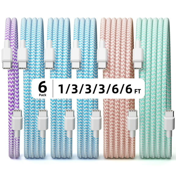 6Pack USB C to USB C Cable Nylon Braided 60W 1/3/3/3/6/6FT USB Type C Fast Charging Cable for iPhone 16/16 Plus/16 Pro Max/15/15 Plus/15 Pro Max, MacBook Pro, iPad Pro Air, Samsung S24/S24 Ultra/S23