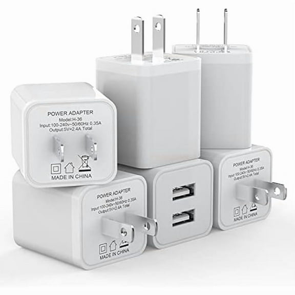 6Pack USB Wall Charger, 2.4A/5V Dual Port USB Cube Power Adapter Charger Plug Block Charging Box Brick for iPhone 16 15 14 13 Pro Max SE XS XR X 8 7 6 6S Plus, LG, Moto, Android Phone