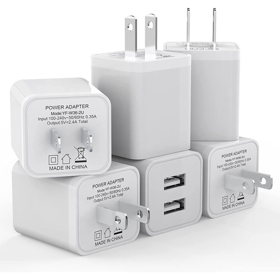6Pack USB Wall Charr, iNJUN 2.4A Phone Charr Dual USB Port Cube Power Plug Adapter Fast Wall Charr Block Compatible with iPhone 17/17 Pro/16/16 Pro, Samsung Galaxy, Pixel, LG, Android-White