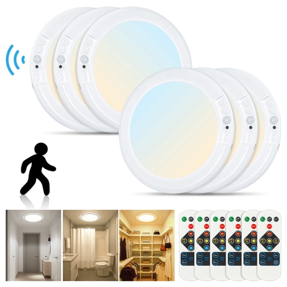 6Pack Wireless LED Ceiling Light, Rechargeable Ceiling Light whit Motion Sensor Support 3 Color Temp for Storage Room, Garage, Bathroom, Stairs, Doorway