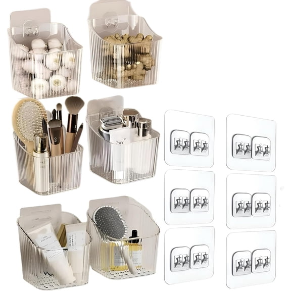 6Pack small Wall Mount Organizer, Adhesive Cabinet Door Storage Bins, Clear Makeup Container, Stackable Organizer Basket for Kitchen, Bathroom, Cabinet, Pantry, OfficeRefrigerator Small Items storage