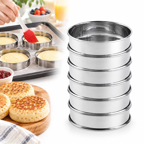 6Packs English Muffin Rings Crumpet Rings 4 inch Stainless Steel Double Rolled Tart Rings, Round Metal Cooking Pastry Ring Molds for cookies, pancakes