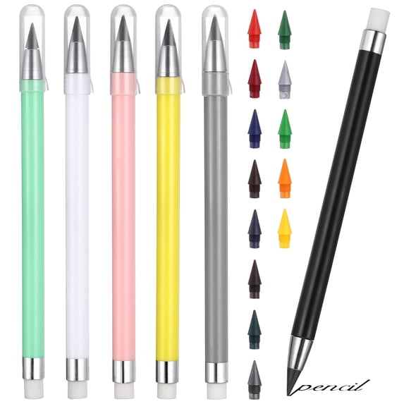 6Packs Infinite Inkless Pencils with Erasers & 13 Colored Replaceable Nibs, Reusable Magic Metal Eternal Pencils for Writing, Drawing, Home & Office Use (Colorful)
