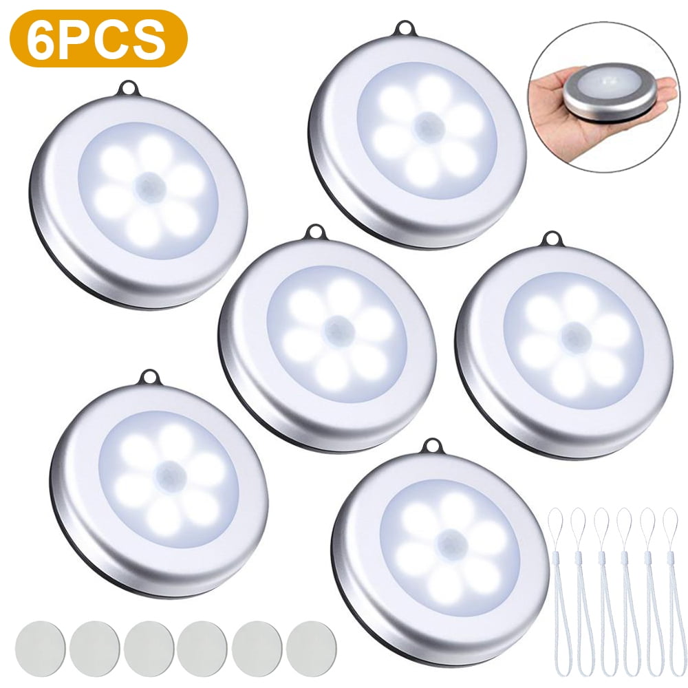 6Packs Motion Sensor Light Indoor,LED Closet Lights,Night Light Battery Powered,Battery Operated Cabinet Light,Wireless Wall Puck Lamp Stick for Stair,Step,Hallway,Garage,with Hanging rope(White)