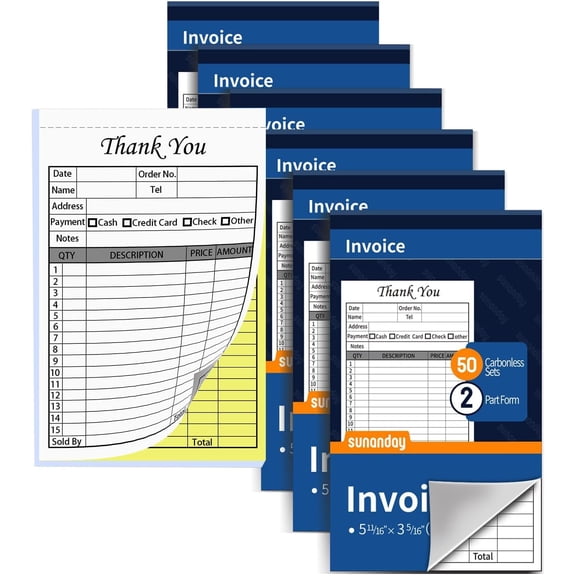 6Packs Thank You Receipt Book, 300-set Carbon Duplicate Copy Sales Receipt Form, Invoice Booklet for Stores, Warehouses, Offices, and Restaurants, 3.4x5.5 Handheld, 2-Part Carbonless-White/Yellow.