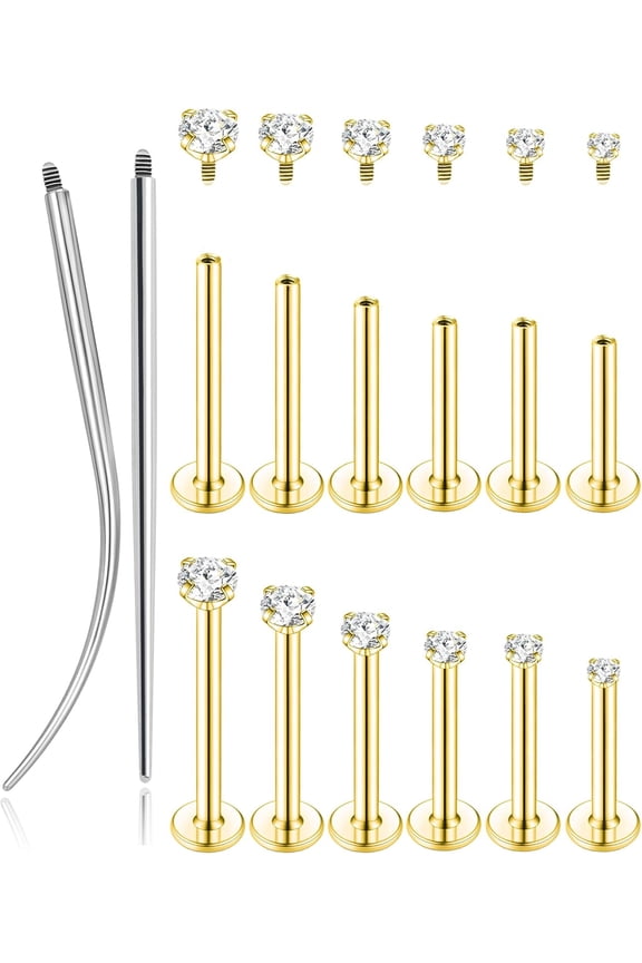 6Pairs 18K Gold Plated Internally Threaded Nose Piercing Studs Stainless Steel Lip Studs CZ Flat Back Stud Earrings Nostril Labret Conch Cartilage Earrings Helix Tragus 6/7/7/8/10/12mm 16G 18G[y366]