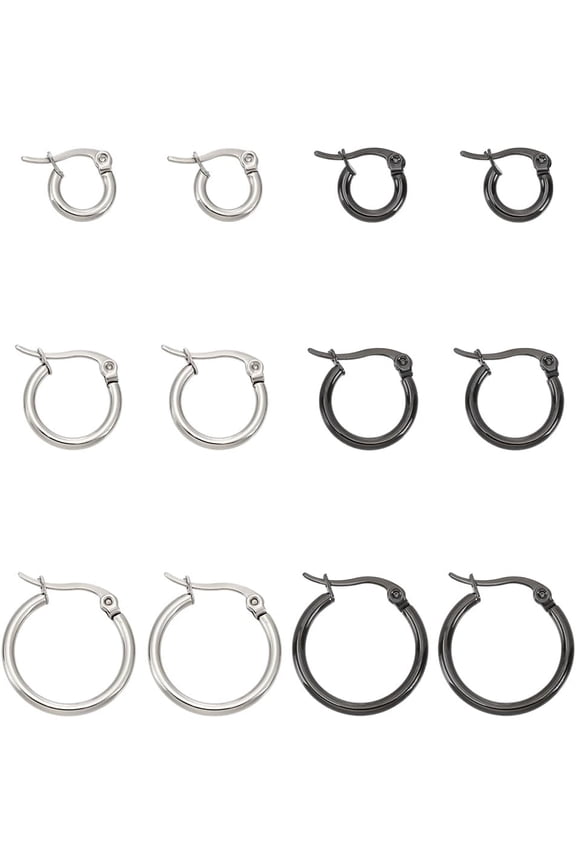 6Pairs 3Sizes Titanium Steel Hoop Earrings Set Ring Hoop Earrings Lightweight Tiny Hoop Earrings for Jewelry Gift Earring Supplies Black Stainless Steel Color