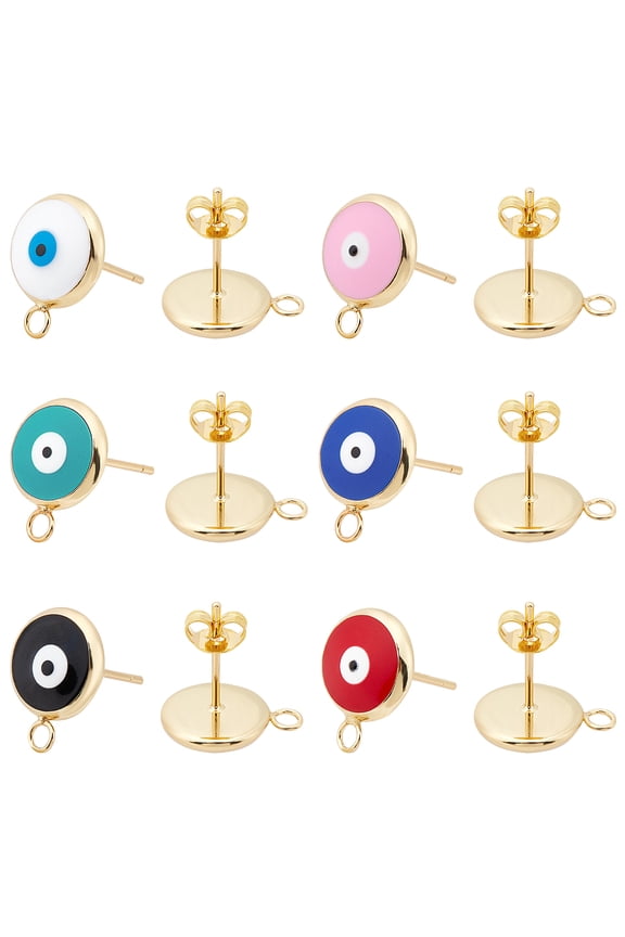 6Pairs 6 Color Eco-Friendly Brass Enamel Stud Earring Findings with Ear Nuts Flat Round with Eviel Eye with Loop Mixed Color 13x10 Pin: 0.7mm