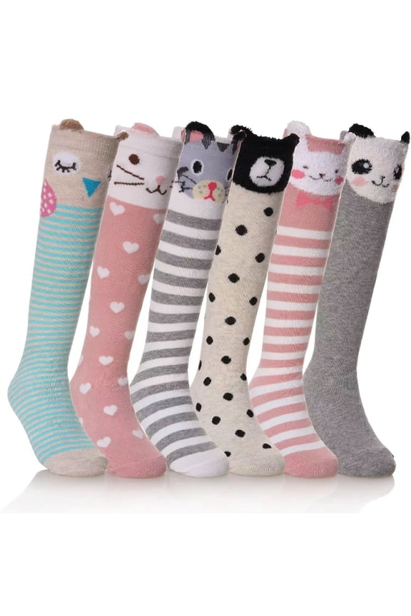 6Pairs Baby's Spring & Autumn 100% Cotton Socks: Cute Cartoon Animal Knee-High/Mid-Calf for Boys & Girls, Soft & Comfortable